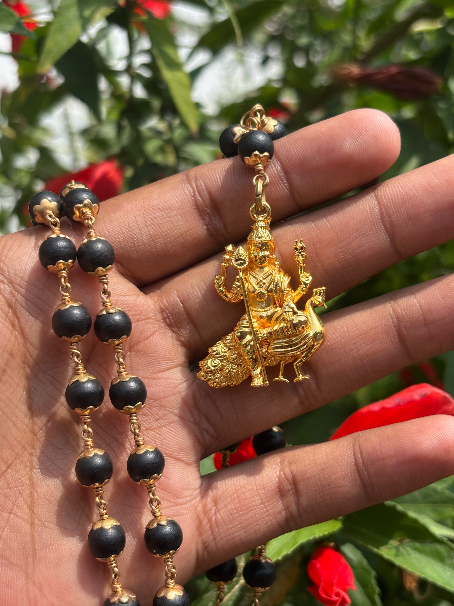 Murugan Pendant with Black Beads Mala